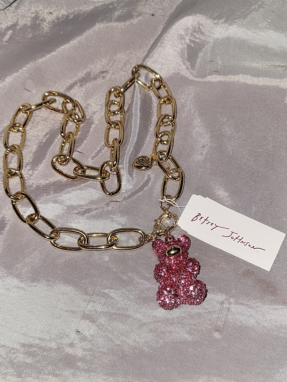 Betsey Johnson Gold Chain Necklace with Pink Glitter Bear Charm HL